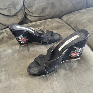 Stubbs & Wootton True Love Eagle Heart Black Wedge Sandals, Size 38